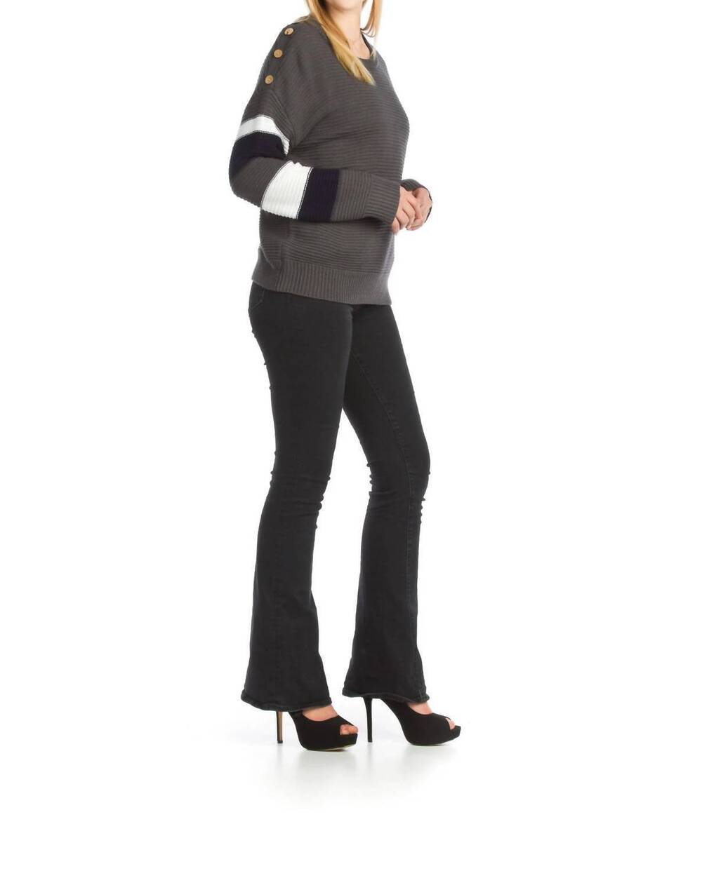 NEW PAPILLON knit sweater with striped sleeve detail in grey
